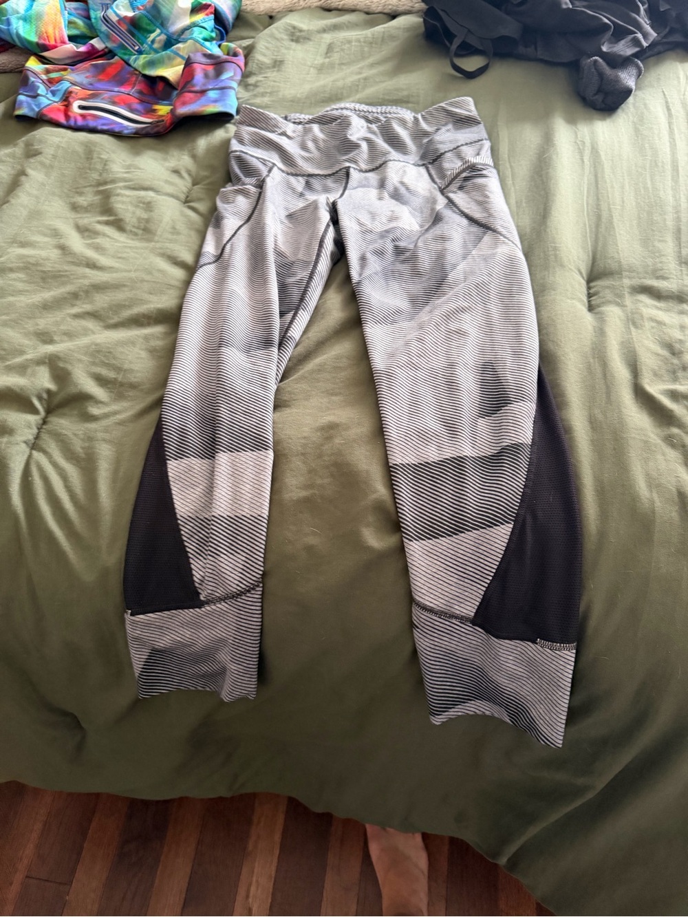 Athleta Black and Gray Striped Ankle-Length Active Leggings